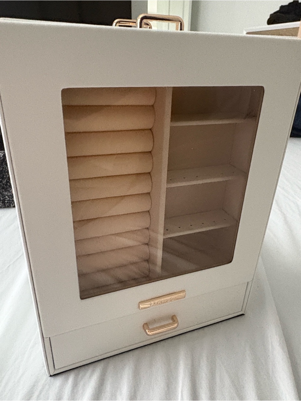 Beige Jewelry Organizer Box with Glass Front and Gold Accents